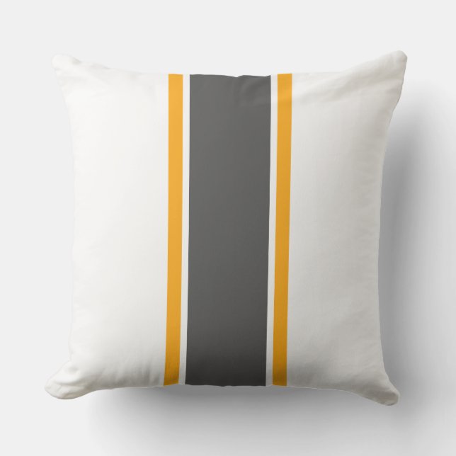 Sporty Grey Yellow Centre Racing Stripes On White Cushion (Front)