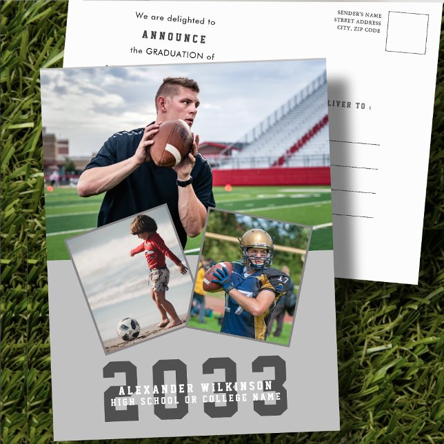Sporty Guy Modern Bold Script 3 Photo Graduation Announcement Postcard (Creator Uploaded)