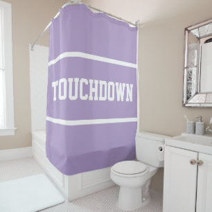 Sporty Light Purple TOUCHDOWN White Text Stripes Shower Curtain
