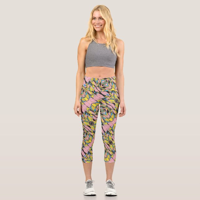 sporty,lightning pink and green  abstract art desi capri leggings (Front)