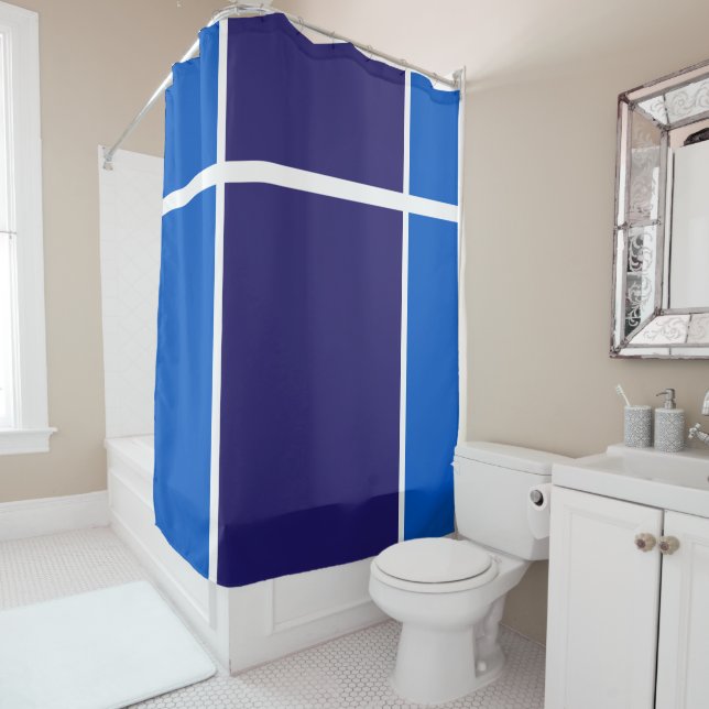 Sporty Modern Navy Blue White Racing Stripes Shower Curtain (In Situ)