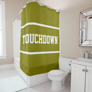 Sporty Modern Olive TOUCHDOWN White Text Stripes Shower Curtain