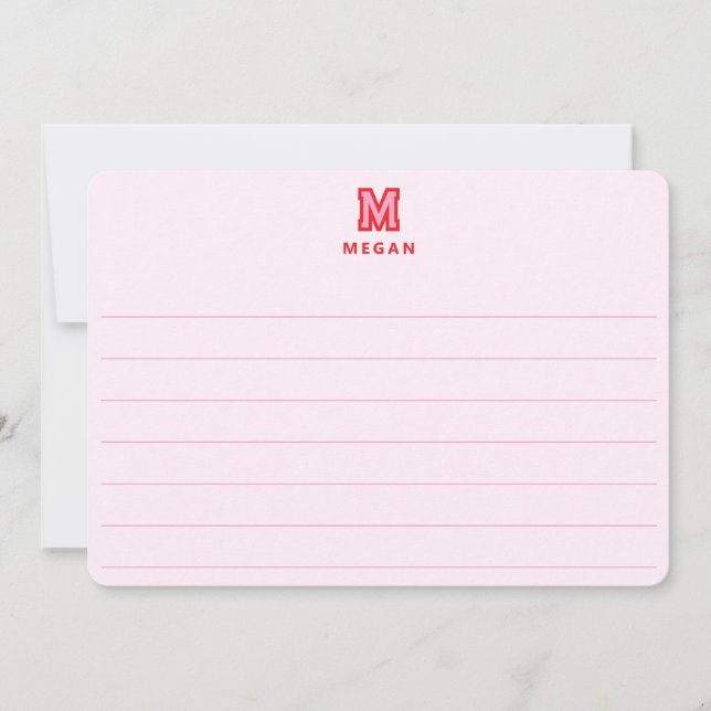 Sporty Monogram, Pink Lined Large Flat Card (Front)