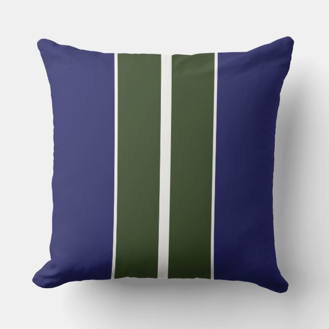 Sporty Navy Blue Forest Green White Racing Stripes Cushion (Front)