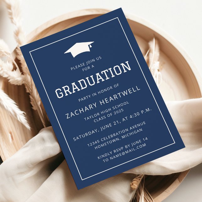 Sporty Navy Blue White Graduation Party Invitation (Creator Uploaded)