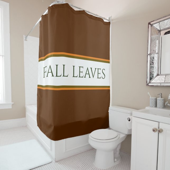 Sporty Orange Brown White Stripes "FALL LEAVES" Shower Curtain (In Situ)