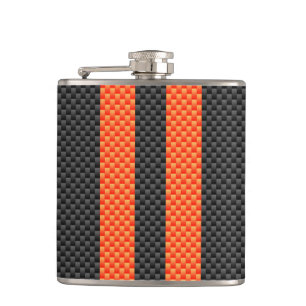 Sporty Orange Stripes on Carbon Fibre Like Print Hip Flask