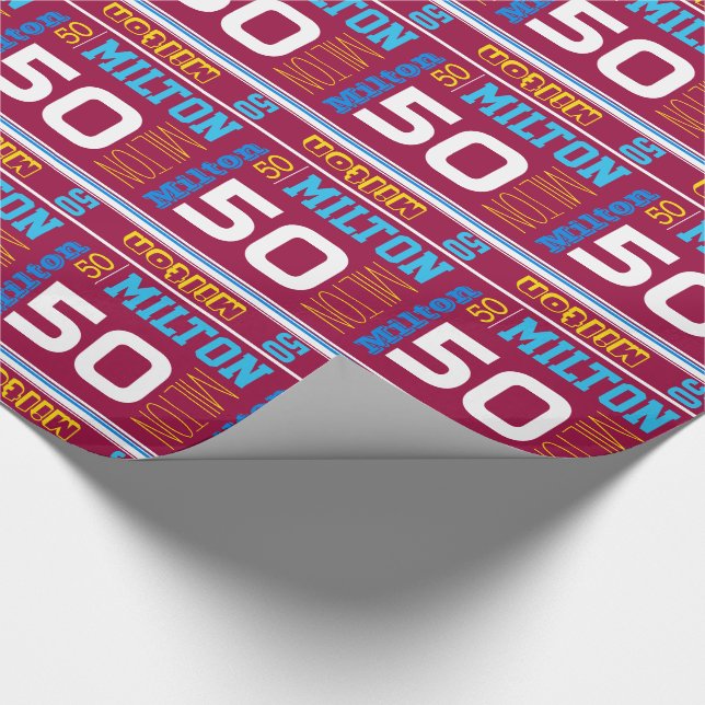 Sporty personalised name 50th birthday kids wrap wrapping paper (Corner)