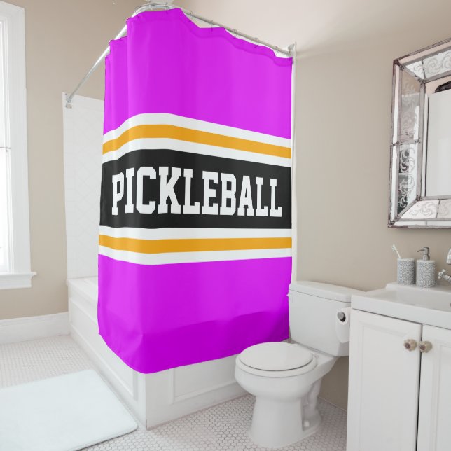 Sporty PICKLEBALL Bright Pink Black Racing Stripes Shower Curtain (In Situ)