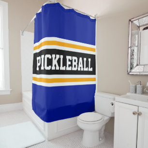 Sporty PICKLEBALL Deep Blue Black Racing Stripes Shower Curtain