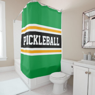 Sporty PICKLEBALL Fun Green Black Racing Stripes Shower Curtain