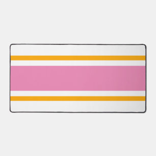 Sporty Pink Golden Yellow Racing Stripes On White Desk Mat