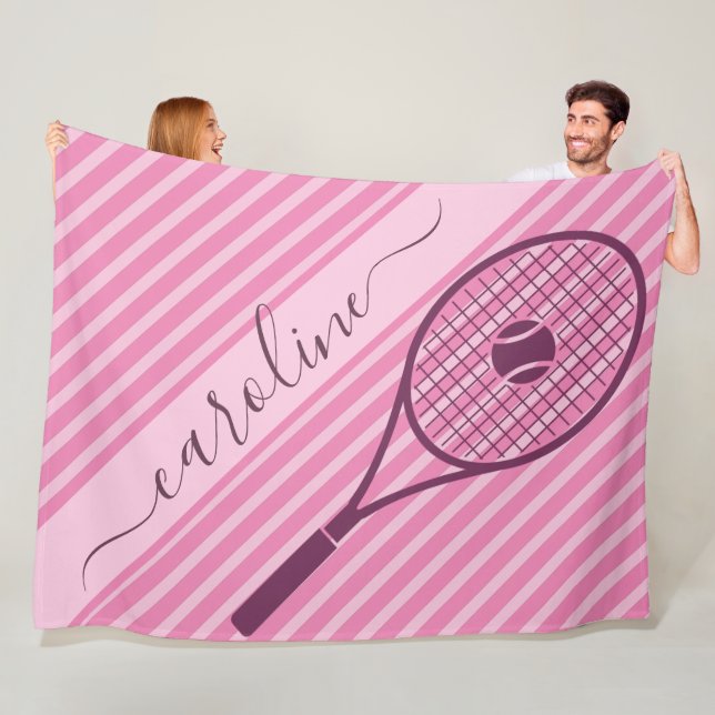 Sporty Pink Striped Tennis Racket & Ball Name Cute Fleece Blanket (In Situ)