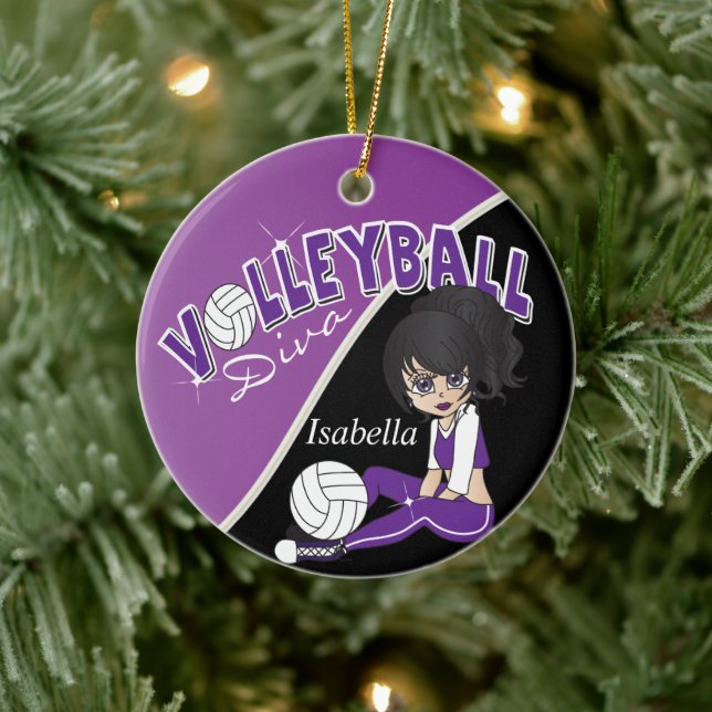Sporty Purple Volleyball Player Diva Girl Ceramic Ornament (Tree)
