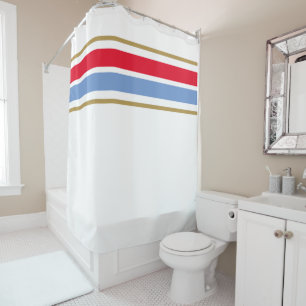 Sporty Red Light Blue Top Racing Stripes On White Shower Curtain