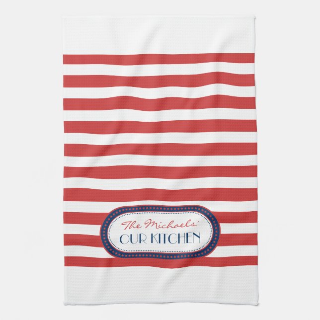 Sporty Red White Blue Nautical Stripes Monogram Tea Towel (Vertical)