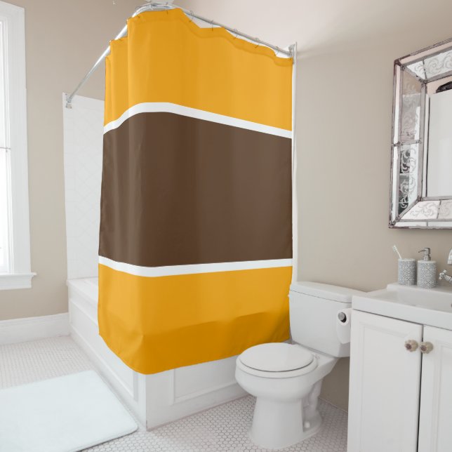 Sporty Retro 70s Brown White Golden Yellow Stripes Shower Curtain (In Situ)
