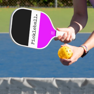 Sporty Retro Bright Pink Black White Text Stripes Pickleball Paddle