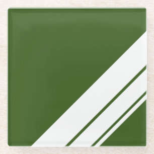 Sporty Retro Forest Green White Racing Stripes Glass Coaster