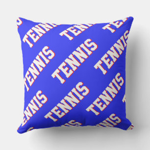 Sporty Retro White Red TENNIS Text On Royal Blue Cushion