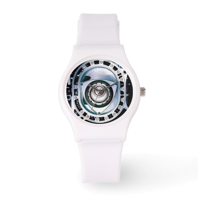 Sporty Rotary Engine Watch, White Silicone Strap Watch (Front)