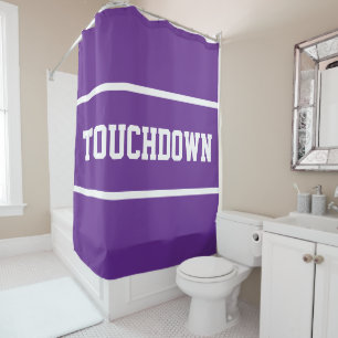 Sporty Royal Purple TOUCHDOWN White Text Stripes Shower Curtain