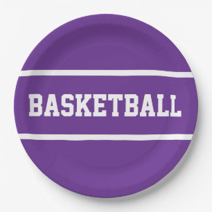 Sporty Royal Purple White BASKETBALL Text Stripes Paper Plate
