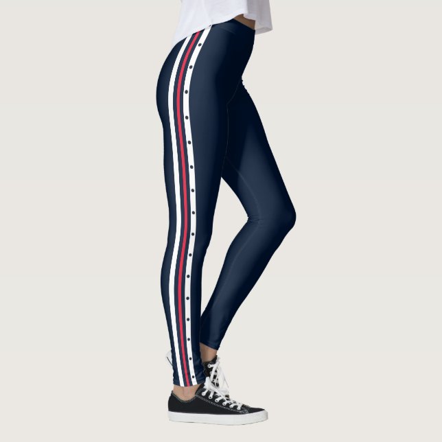 Sporty Side Stripe Fashion Red White Deep Navy Leggings (Right)