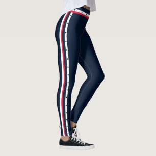 Sporty Side Stripe Fashion Red White Navy Belt Leggings