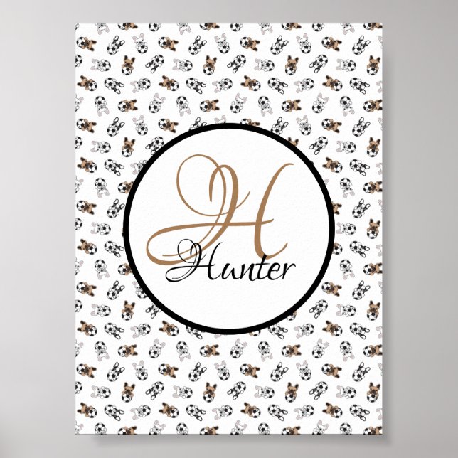 Sporty Soccer Puppies Monogrammed Poster (Front)