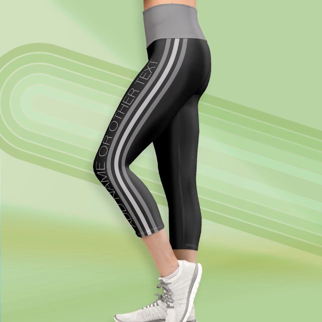 Sporty Stripes with Modern Text - Grey Black Capri Leggings (Custom Leggings)