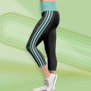 Sporty Stripes with Modern Text - Teal Green Black Capri Leggings