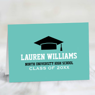 Sporty Teal Graduation Cap School Name Thank You Card