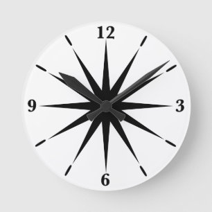 Sporty Twelve Pointed Spikes Black And White Art Round Clock