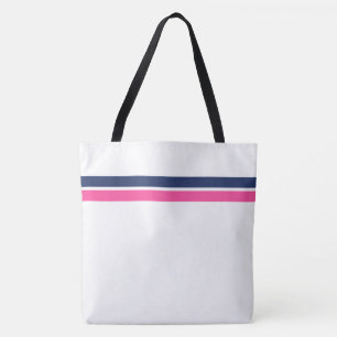 Sporty Twin Navy Pink Top Racing Stripes On White Tote Bag