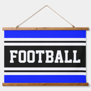Sporty Vivid Blue Black White Stripes FOOTBALL Hanging Tapestry