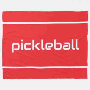 Sporty White PICKLEBALL Text Stripes On Bright Red Fleece Blanket