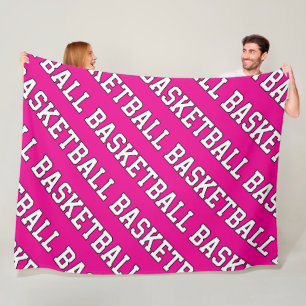 Sporty White Repeat BASKETBALL Text On Bold Pink Fleece Blanket