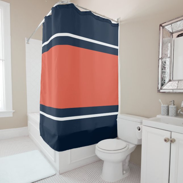 Sporty Wide 70s Orange White Navy Racing Stripes Shower Curtain (In Situ)