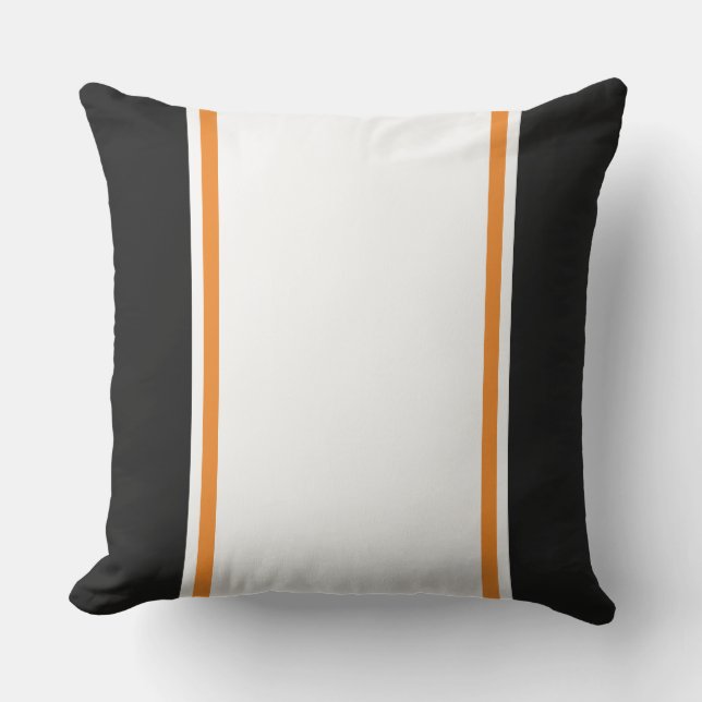 Sporty Wide White Black Orange Racing Stripes Cushion (Front)