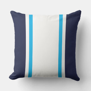 Sporty Wide White Sky Blue Racing Stripes On Navy Cushion