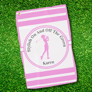 Sporty Woman Golfer Silhouette Standing Golf Tee Golf Towel