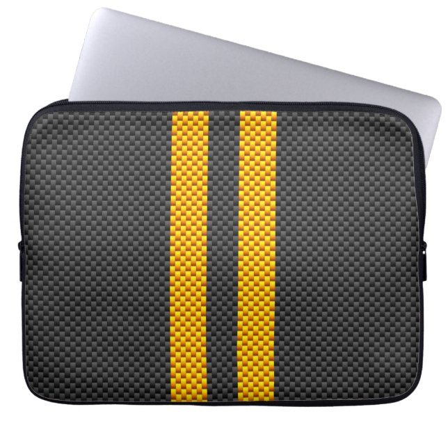Sporty Yellow Racing Stripes Carbon Fibre Style Laptop Sleeve (Front)