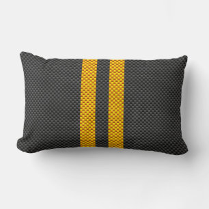 Sporty Yellow Racing Stripes Carbon Fibre Style Lumbar Cushion