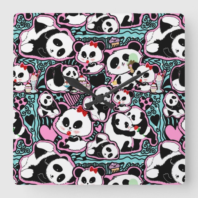 Spot The Panda! Panda Doodles Square Wall Clock (Front)