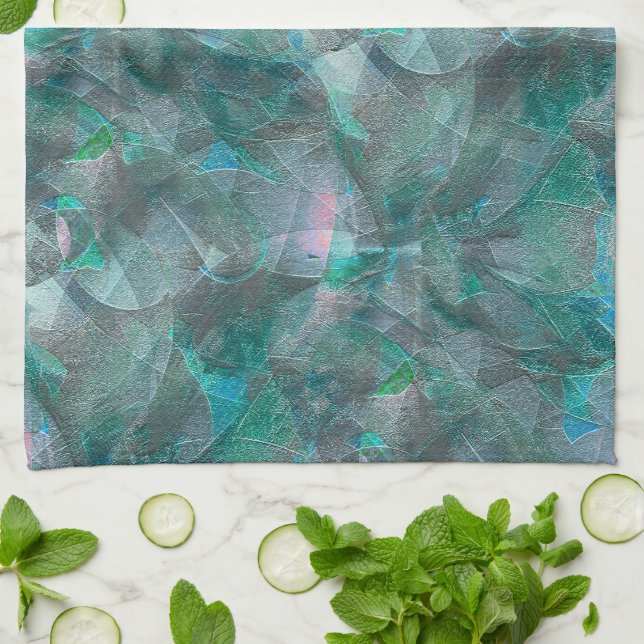 Spoted greenish cyan over unfinished wall plaster  tea towel (Folded)