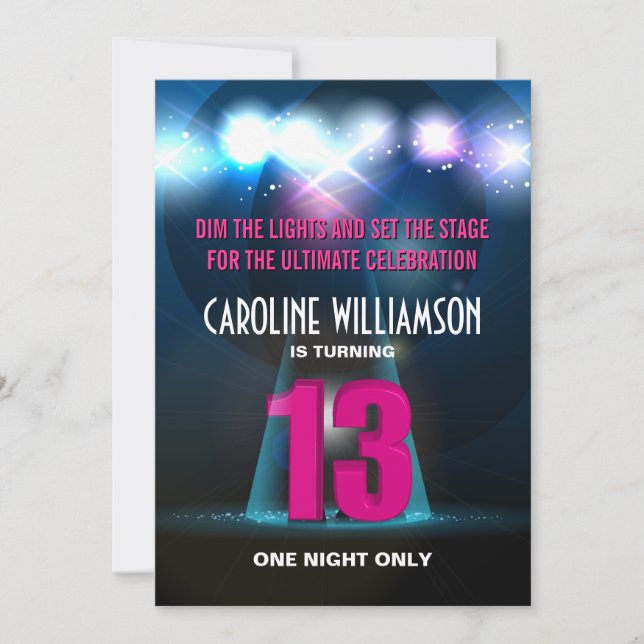 Spotlight Star Pink 13th Birthday Invitation (Front)