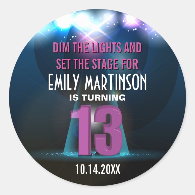 Spotlight Star Purple 13th Birthday Party Classic Round Sticker (Front)