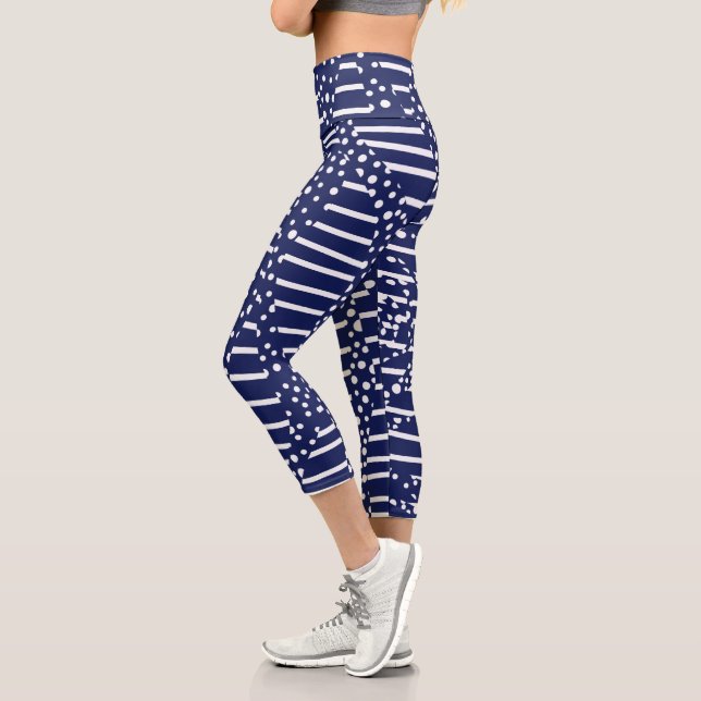Spots and Stripes 2 - Blue and White Capri Leggings (Left)