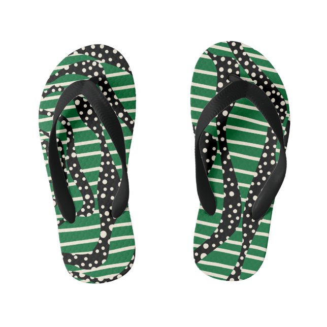 Spots and Stripes 2 - Green, Cream and Black Kid's Thongs (Footbed)